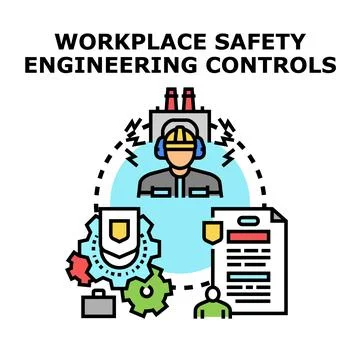 Workplace safety engineering controls protecting industrial workers Stock Illustration