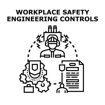 Workplace safety engineering controls protecting industrial workers Stock Illustration