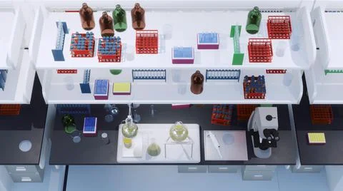 Workplace in scientific research lab Top view 3D Illustrazione stock