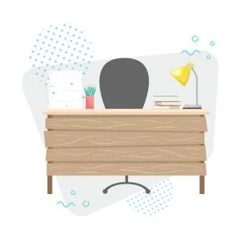 Workplace with a stack of papers, books, and a table lamp. Flat vector illust Stock Illustration