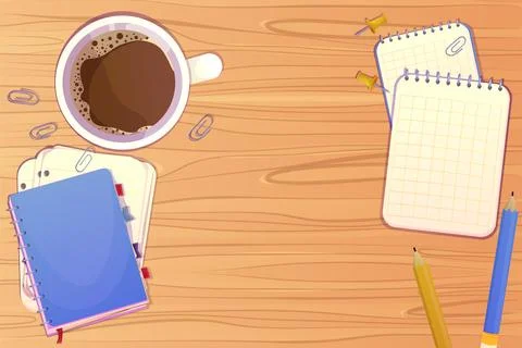 Workplace with stationary, cup with coffee, notebook, paper notes top view on Stock Illustration