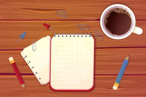 Workplace with stationary, cup with coffee, notebook, paper notes top view on Stock Illustration