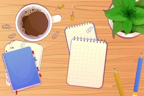 Workplace with stationary, cup with coffee, notebook, paper notes top view on Stock Illustration