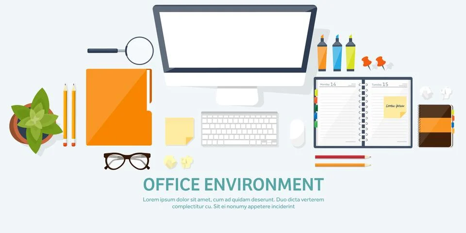 Workplace with table and computer. Laptop,documents,papers,notepad and pencil Illustrazione stock