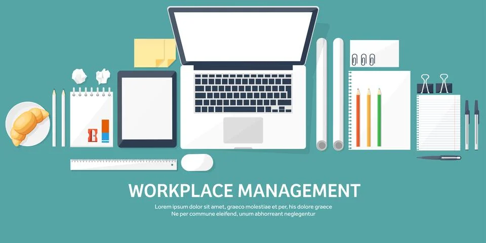 Workplace with table and computer. Laptop,documents,papers,notepad and pencil Illustrazione stock