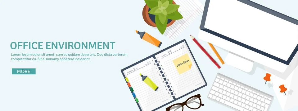 Workplace with table and computer. Laptop,documents,papers,notepad and pencil Illustrazione stock