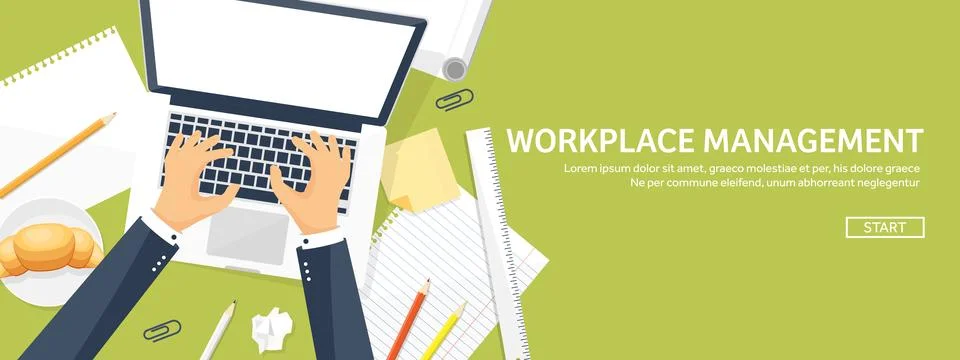Workplace with table and computer. Laptop,documents,papers,notepad and pencil 스톡 일러스트