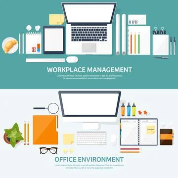 Workplace with table and computer. Laptop,documents,papers,notepad and pencil Stock Illustration