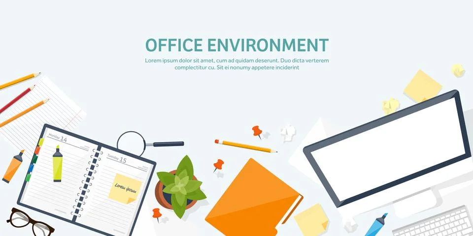 Workplace with table and computer. Laptop,documents,papers,notepad and pencil Stock Illustration