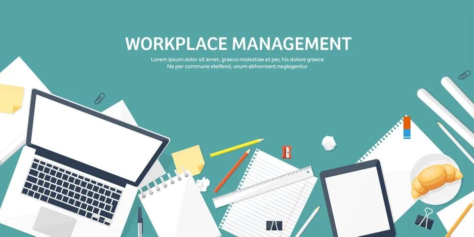 Workplace with table and computer. Laptop,documents,papers,notepad and pencil Stock Illustration