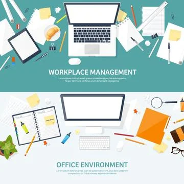 Workplace with table and computer. Laptop,documents,papers,notepad and pencil Stock Illustration