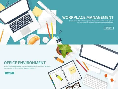 Workplace with table and computer. Laptop,documents,papers,notepad and pencil Stock Illustration