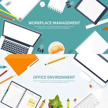 Workplace with table and computer. Laptop,documents,papers,notepad and pencil Stock Illustration