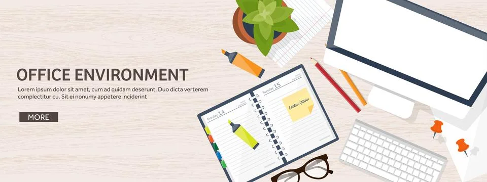 Workplace with table and computer. Laptop,documents,papers,notepad and pencil Illustrazione stock