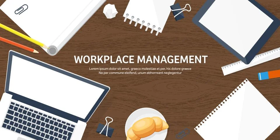 Workplace with table and computer. Laptop,documents,papers,notepad and pencil 스톡 일러스트