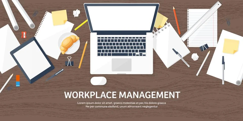 Workplace with table and computer. Laptop,documents,papers,notepad and pencil Stock Illustration