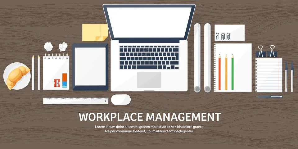 Workplace with table and computer. Laptop,documents,papers,notepad and pencil Stock Illustration