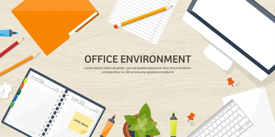 Workplace with table and computer. Laptop,documents,papers,notepad and pencil Stock Illustration