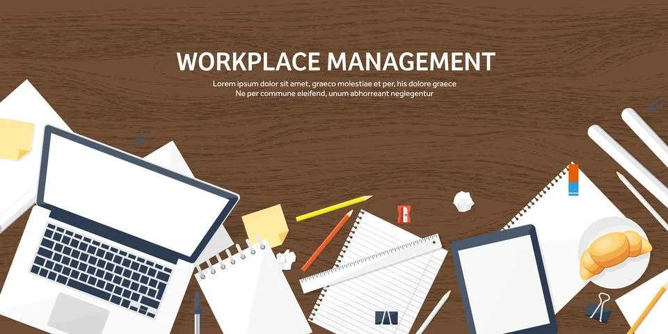 Workplace with table and computer. Laptop,documents,papers,notepad and pencil Stock Illustration