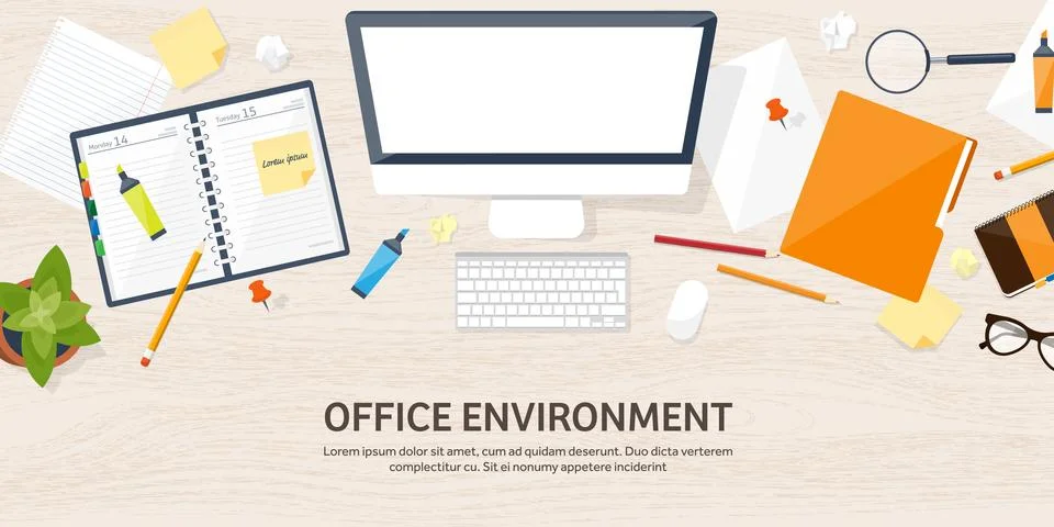 Workplace with table and computer. Laptop,documents,papers,notepad and pencil Stock Illustration