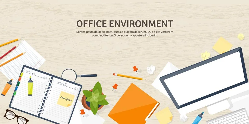 Workplace with table and computer. Laptop,documents,papers,notepad and pencil Stock Illustration