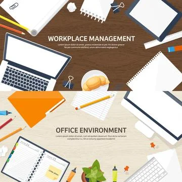 Workplace with table and computer. Laptop,documents,papers,notepad and pencil 스톡 일러스트