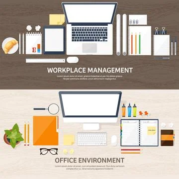 Workplace with table and computer. Laptop,documents,papers,notepad and pencil Stock Illustration