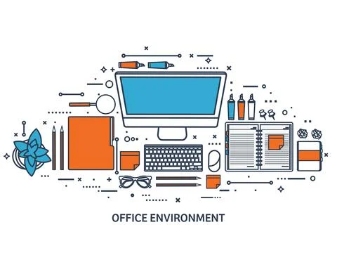 Workplace with table and computer. Laptop,documents,papers,notepad,pencil Illustrazione stock