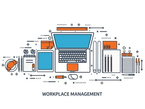Workplace with table and computer. Laptop,documents,papers,notepad,pencil Stock Illustration