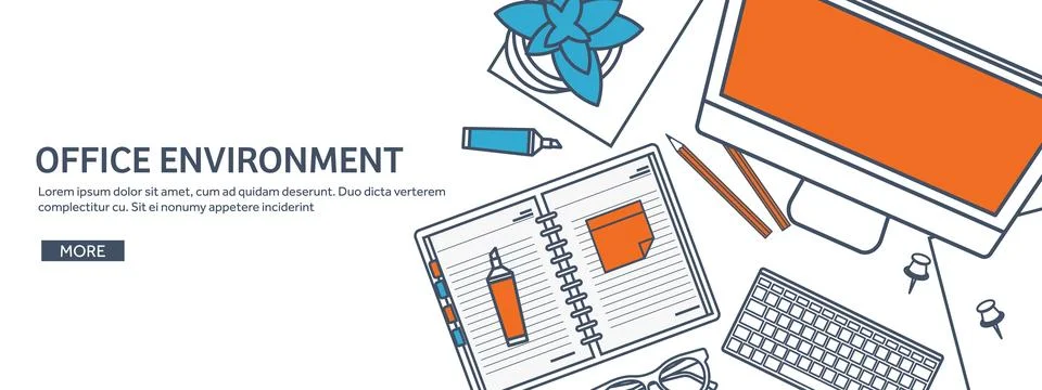 Workplace with table and computer. Laptop,documents,papers,notepad,pencil Stock Illustration