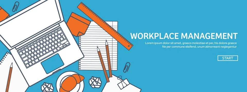 Workplace with table and computer. Laptop,documents,papers,notepad,pencil Stock Illustration