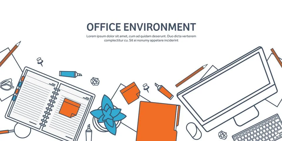 Workplace with table and computer. Laptop,documents,papers,notepad,pencil Stock Illustration