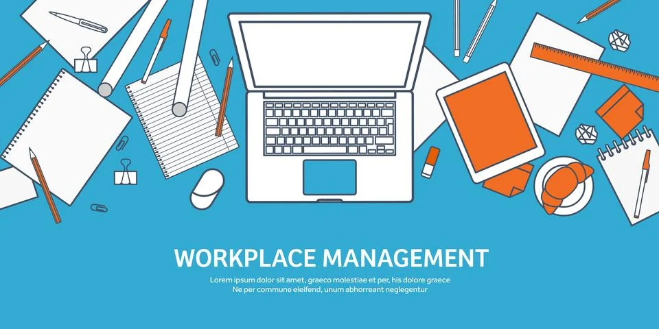 Workplace with table and computer. Laptop,documents,papers,notepad,pencil Stock Illustration