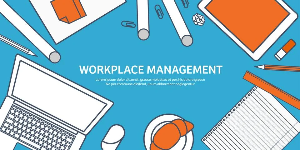 Workplace with table and computer. Laptop,documents,papers,notepad,pencil Stock Illustration