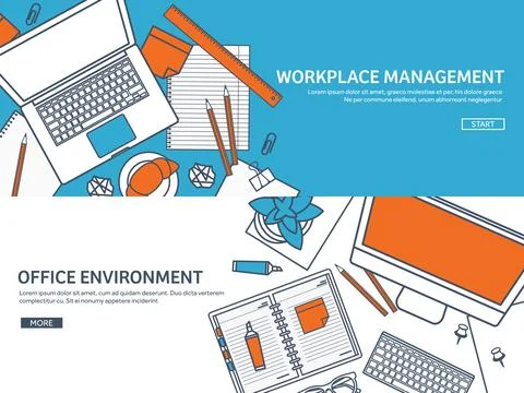 Workplace with table and computer. Laptop,documents,papers,notepad,pencil 스톡 일러스트