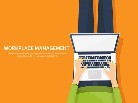 Workplace with table and computer. Laptop,documents,papers,notepad,pencil Stock Illustration