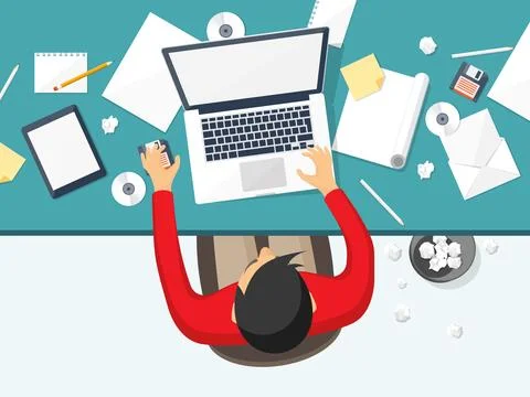 Workplace with table and computer. Laptop,documents,papers,notepad,pencil Illustrazione stock