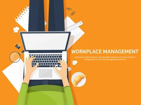 Workplace with table and computer. Laptop,documents,papers,notepad,pencil Illustrazione stock