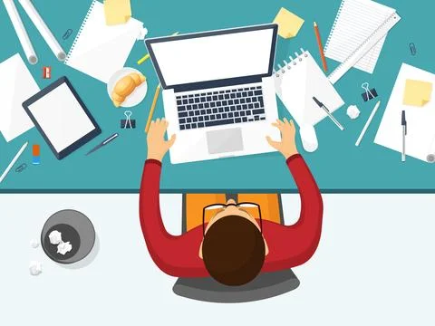 Workplace with table and computer. Laptop,documents,papers,notepad,pencil Illustrazione stock