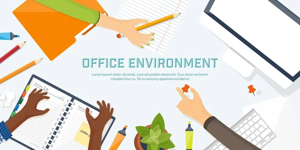 Workplace with table and computer. Laptop,documents,papers,notepad,pencil Stock Illustration