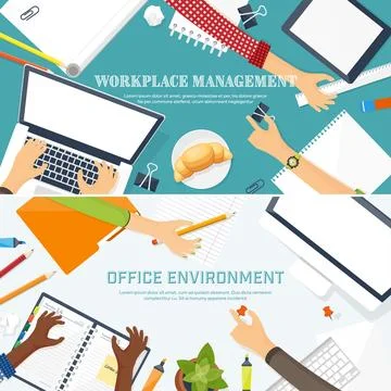 Workplace with table and computer. Laptop,documents,papers,notepad,pencil Stock Illustration