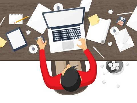 Workplace with table and computer. Laptop,documents,papers,notepad,pencil Stock Illustration