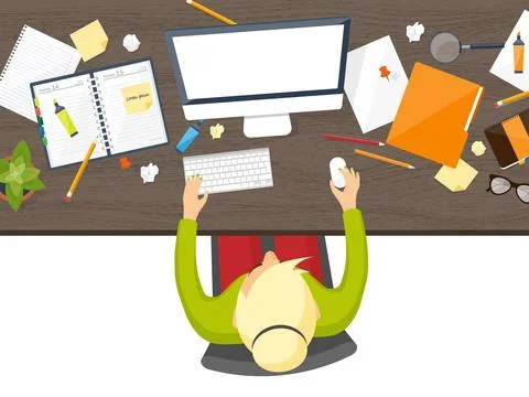 Workplace with table and computer. Laptop,documents,papers,notepad,pencil Stock Illustration