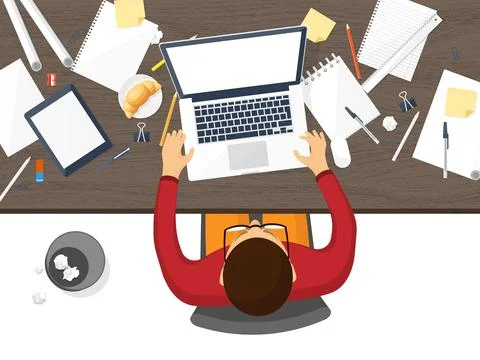 Workplace with table and computer. Laptop,documents,papers,notepad,pencil 스톡 일러스트