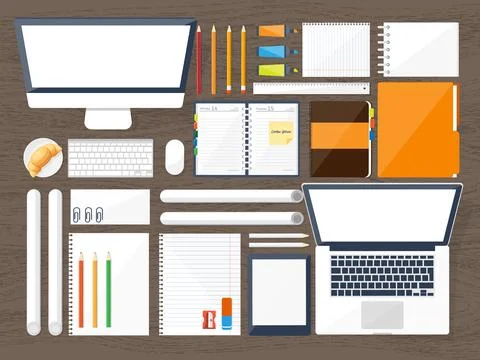 Workplace with table and computer. Laptop,documents,papers,notepad,pencil Stock Illustration