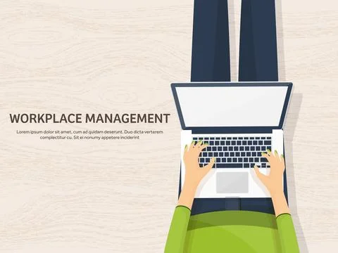 Workplace with table and computer. Laptop,documents,papers,notepad,pencil Stock Illustration