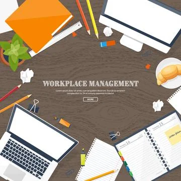 Workplace with table and computer. Laptop,documents,papers,notepad,pencil Stock Illustration