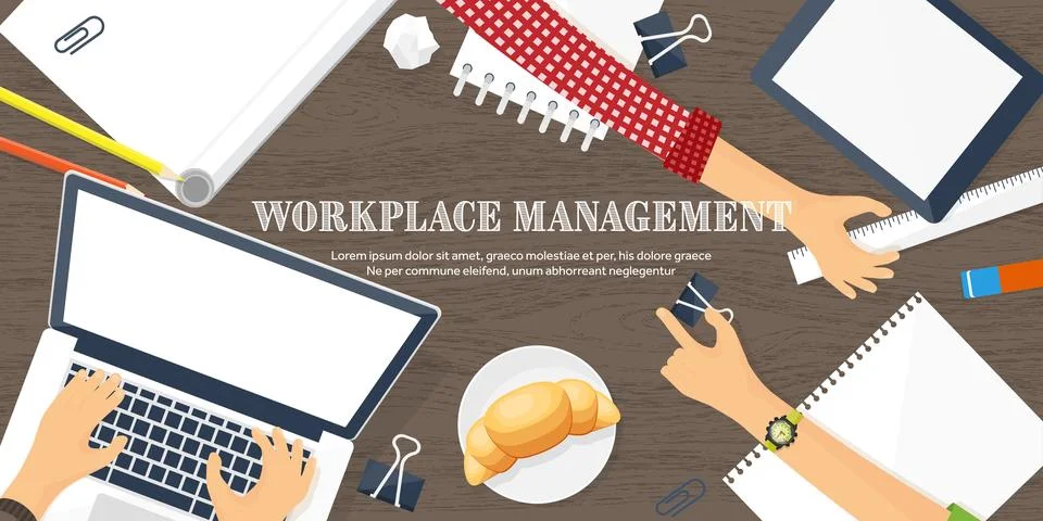 Workplace with table and computer. Laptop,documents,papers,notepad,pencil Stock Illustration