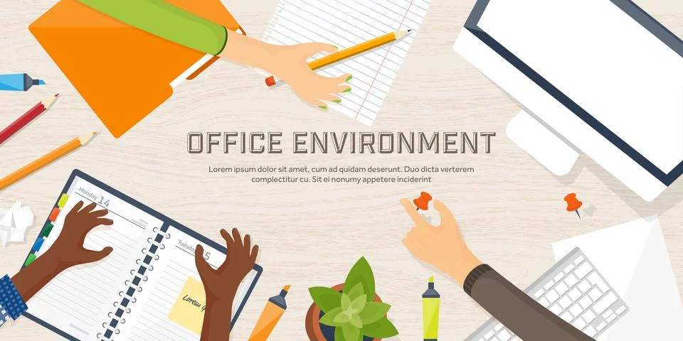 Workplace with table and computer. Laptop,documents,papers,notepad,pencil Stock Illustration