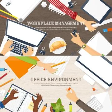 Workplace with table and computer. Laptop,documents,papers,notepad,pencil Stock Illustration